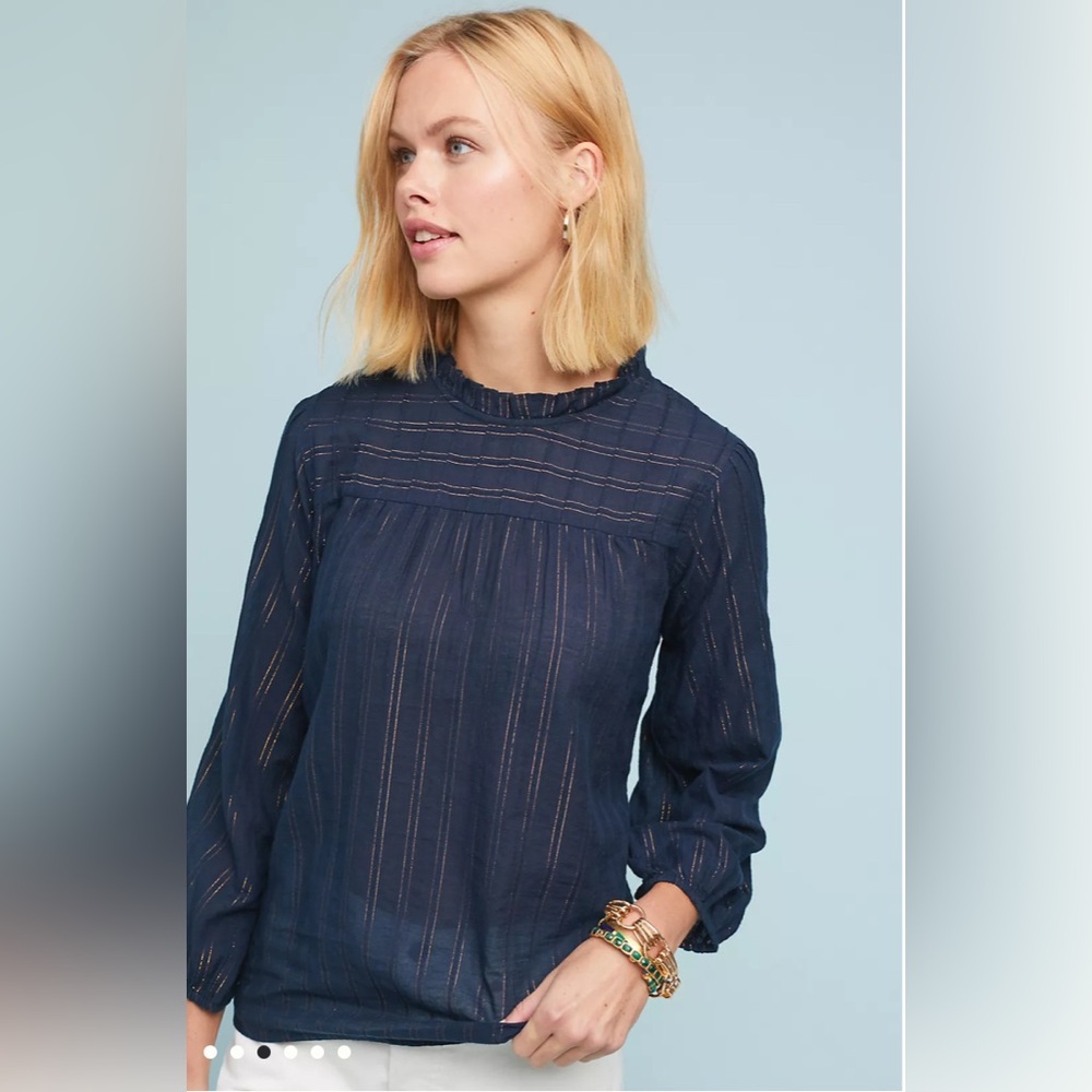 Anthropologie Maeve Reston Striped Boho Smocked Cottagecore Tunic Blouse Small
